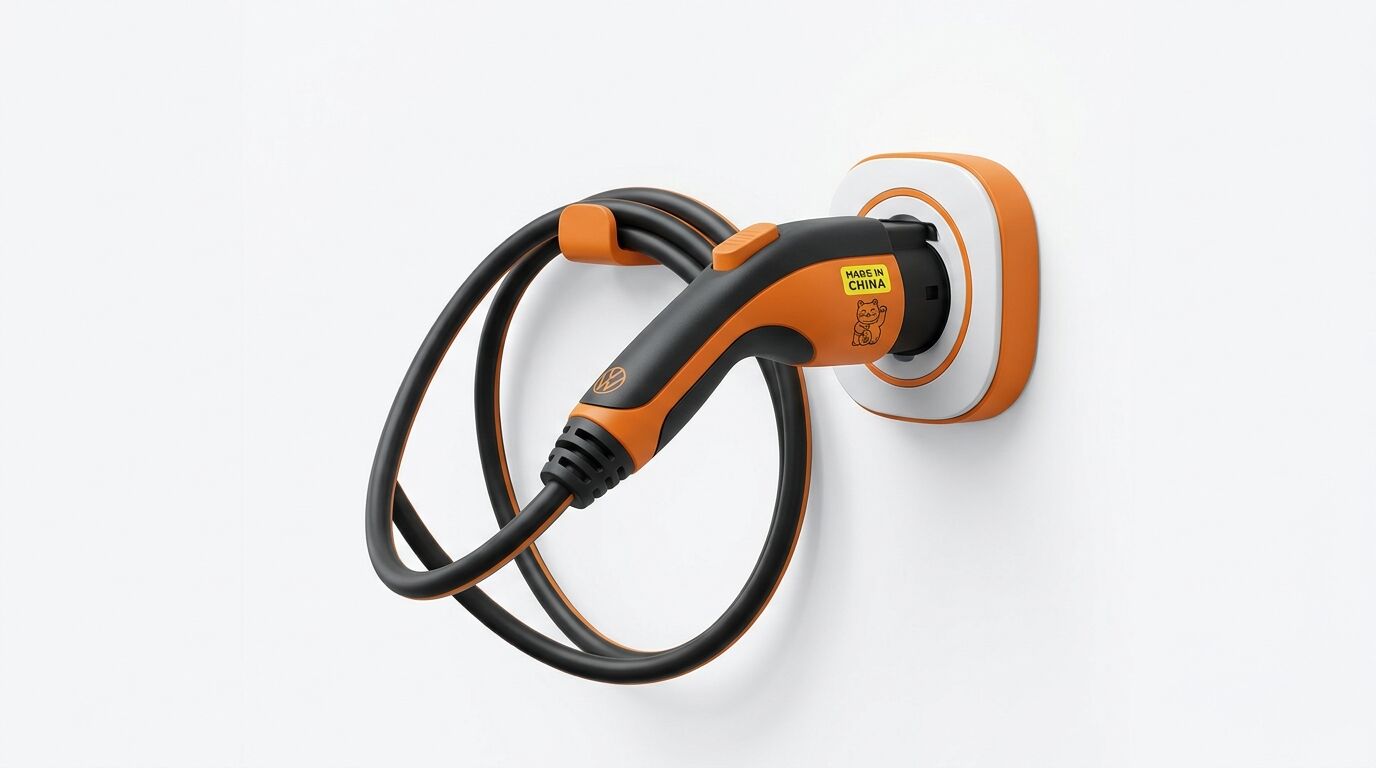 Orange-schwarzer E-Auto-Ladestecker mit Kabel und Wandhalterung vor weißem Hintergrund