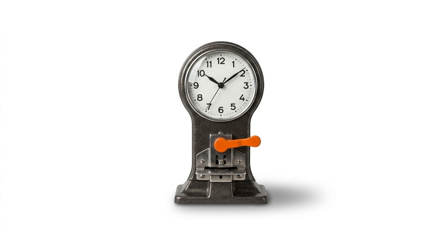 Analoge Stechuhr mit grauem Gehäuse und orangem Hebel auf weißem Hintergrund