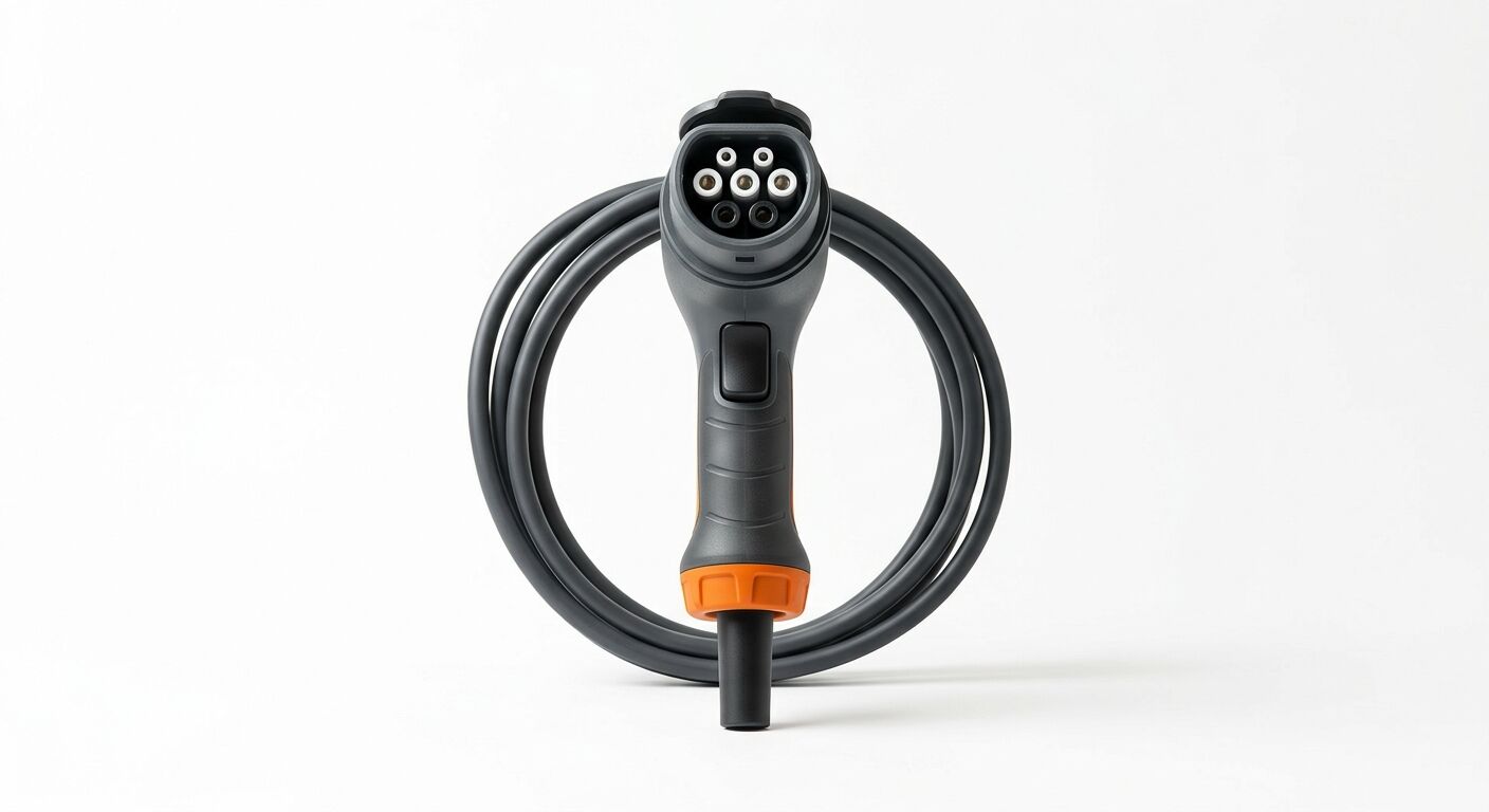 Grauer E-Auto-Ladestecker mit orangefarbenem Ring und aufgerolltem Kabel vor weißem Hintergrund