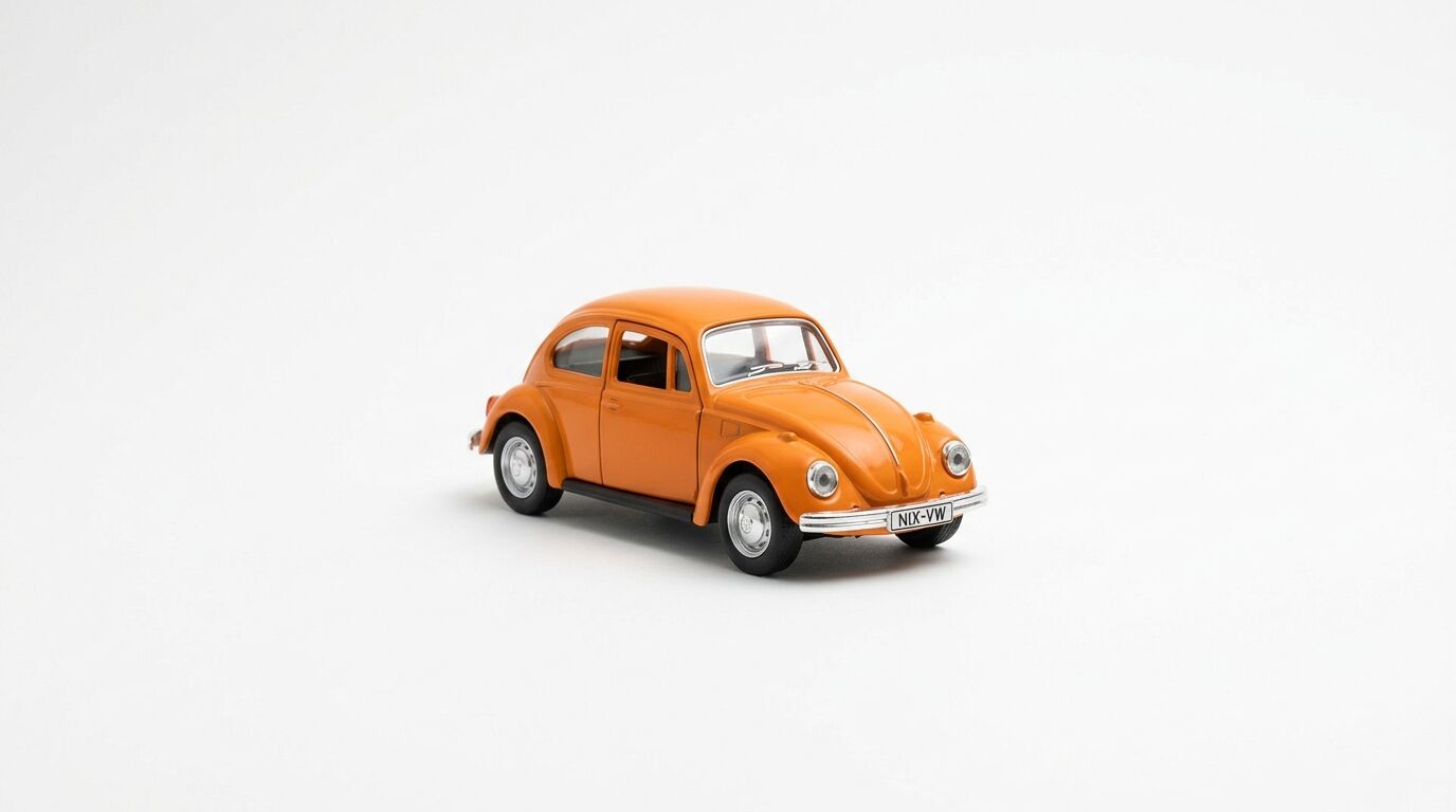 Ein orangefarbenes Modellauto eines VW Käfer steht auf weißem Hintergrund