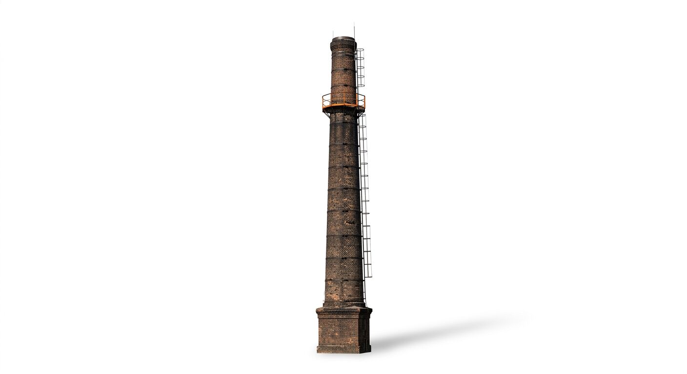 Ein Fabrikschornstein aus rotem Backstein mit einer Wartungsplattform, isoliert auf weißem Hintergrund