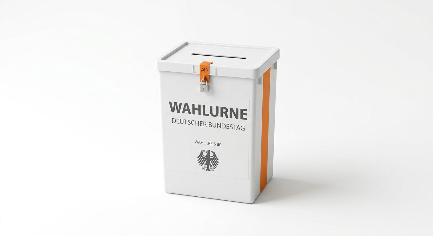 Weiße Wahlurne mit Einwurfschlitz, Schloss, Aufschrift und Adler