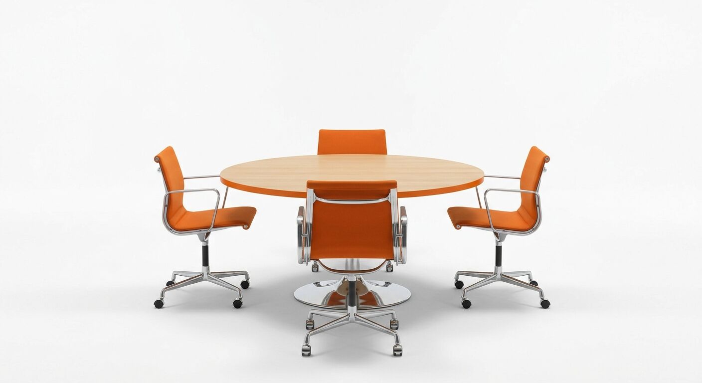 Runder Holztisch und vier orangefarbene Konferenzstühle vor weißem Hintergrund