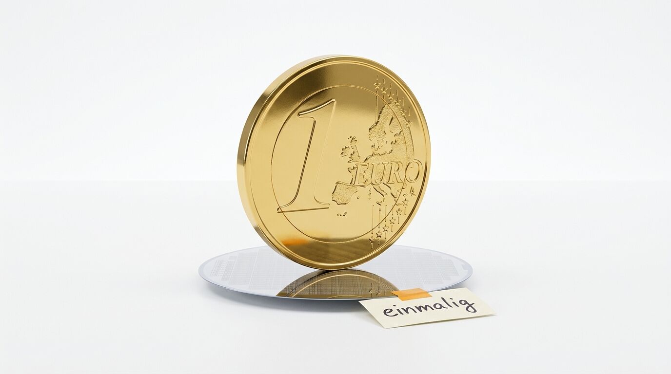 Goldfarbene 1-Euro-Münze auf Waagschale, Klebezettel