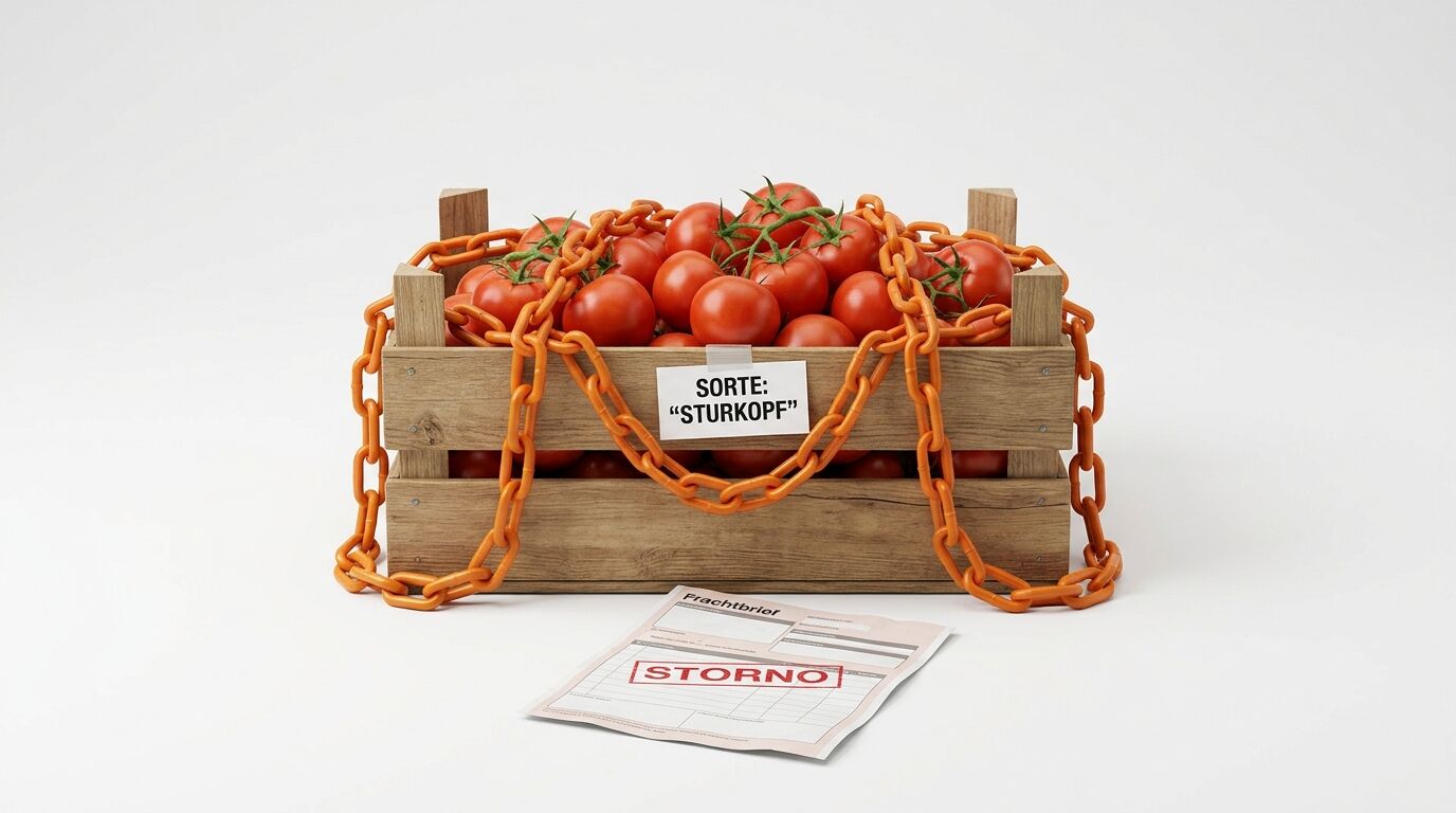 Holzkiste mit Tomaten, orange Kette und stornierter Frachtbrief auf Weiß