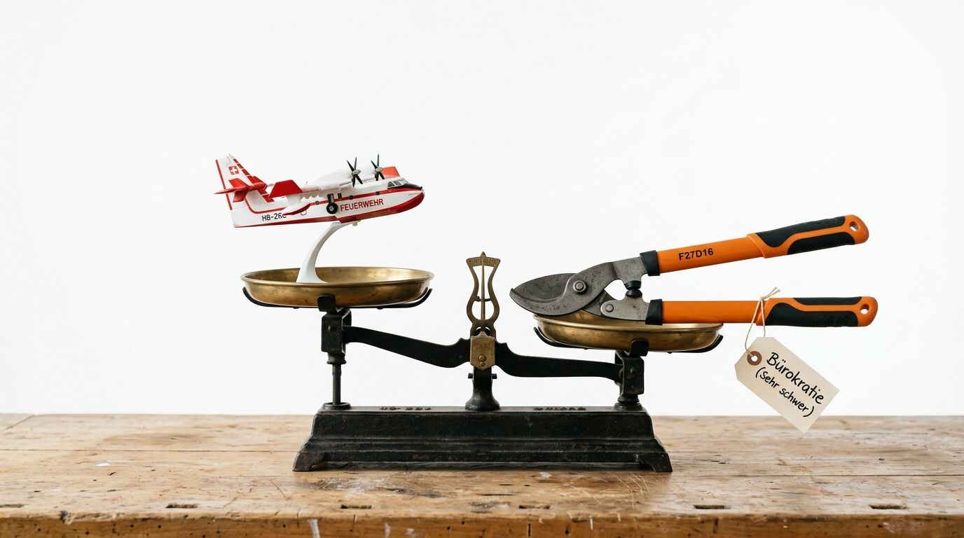 Waage mit Feuerwehrflugzeug und Baumschere mit Etikett „Bürokratie (sehr schwer)“