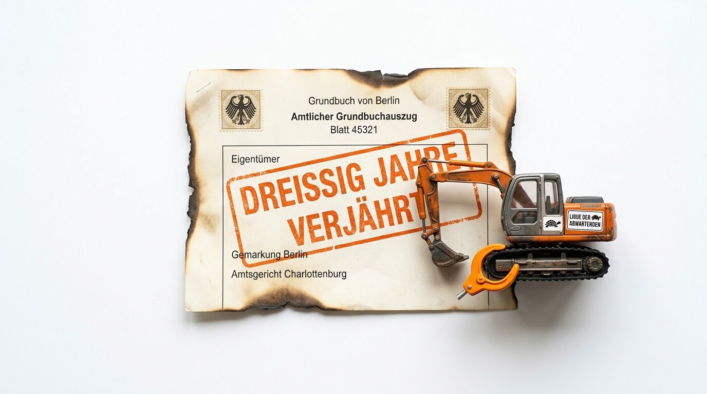 Ein Baggermodell reißt verbranntes Dokument mit Stempel „dreißig Jahre verjährt“ auf
