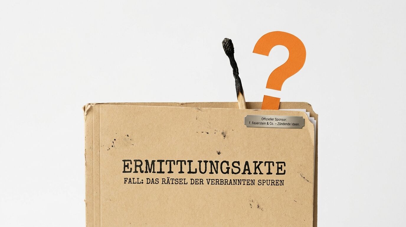 Braune Akte „Ermittlungsakte“, verbranntes Streichholz, orangefarbenes Fragezeichen