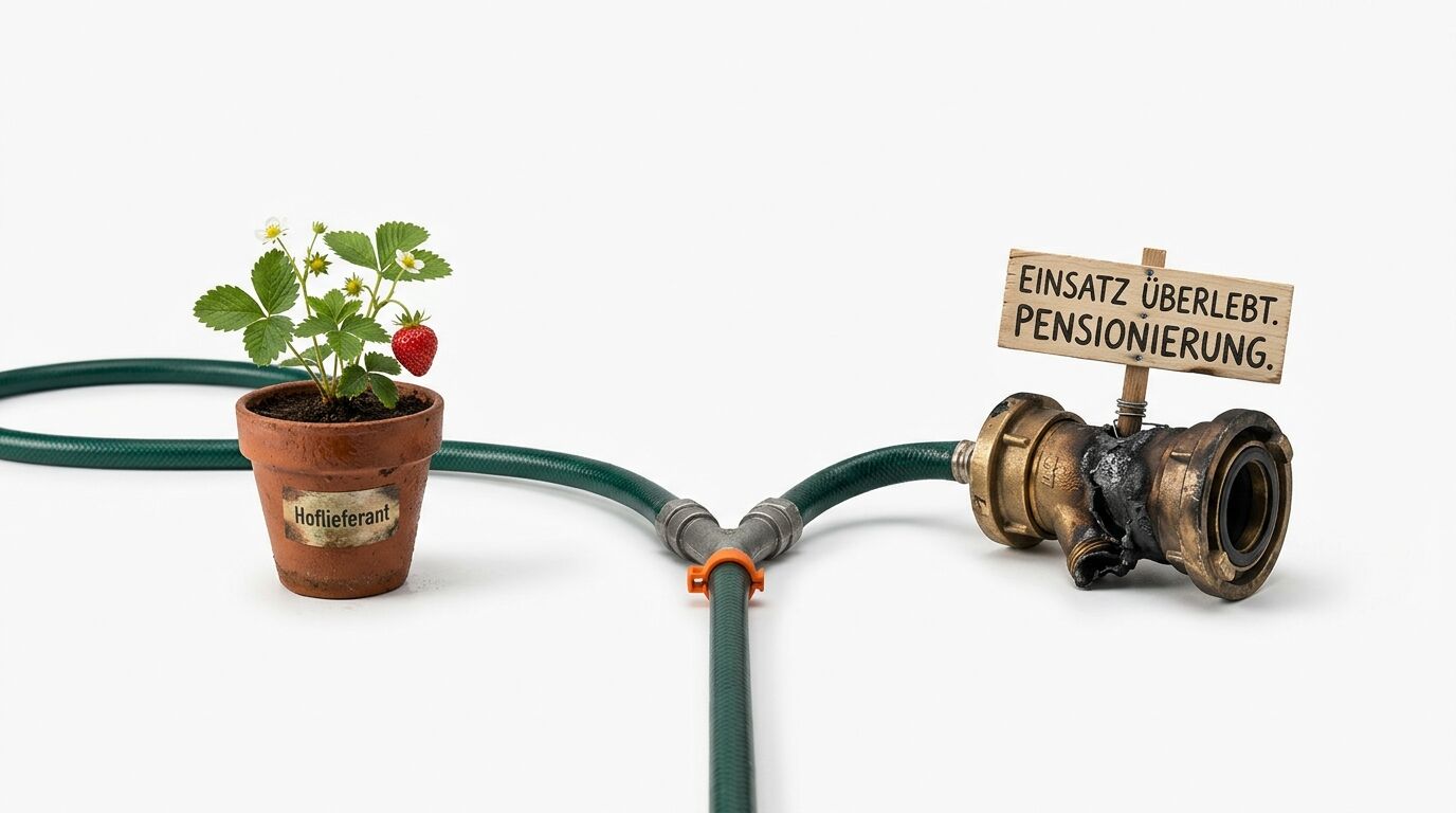 Kombination von Erdbeerpflanze im Topf, Y-Schlauchstücken und verbrannter Armatur vor Weiß