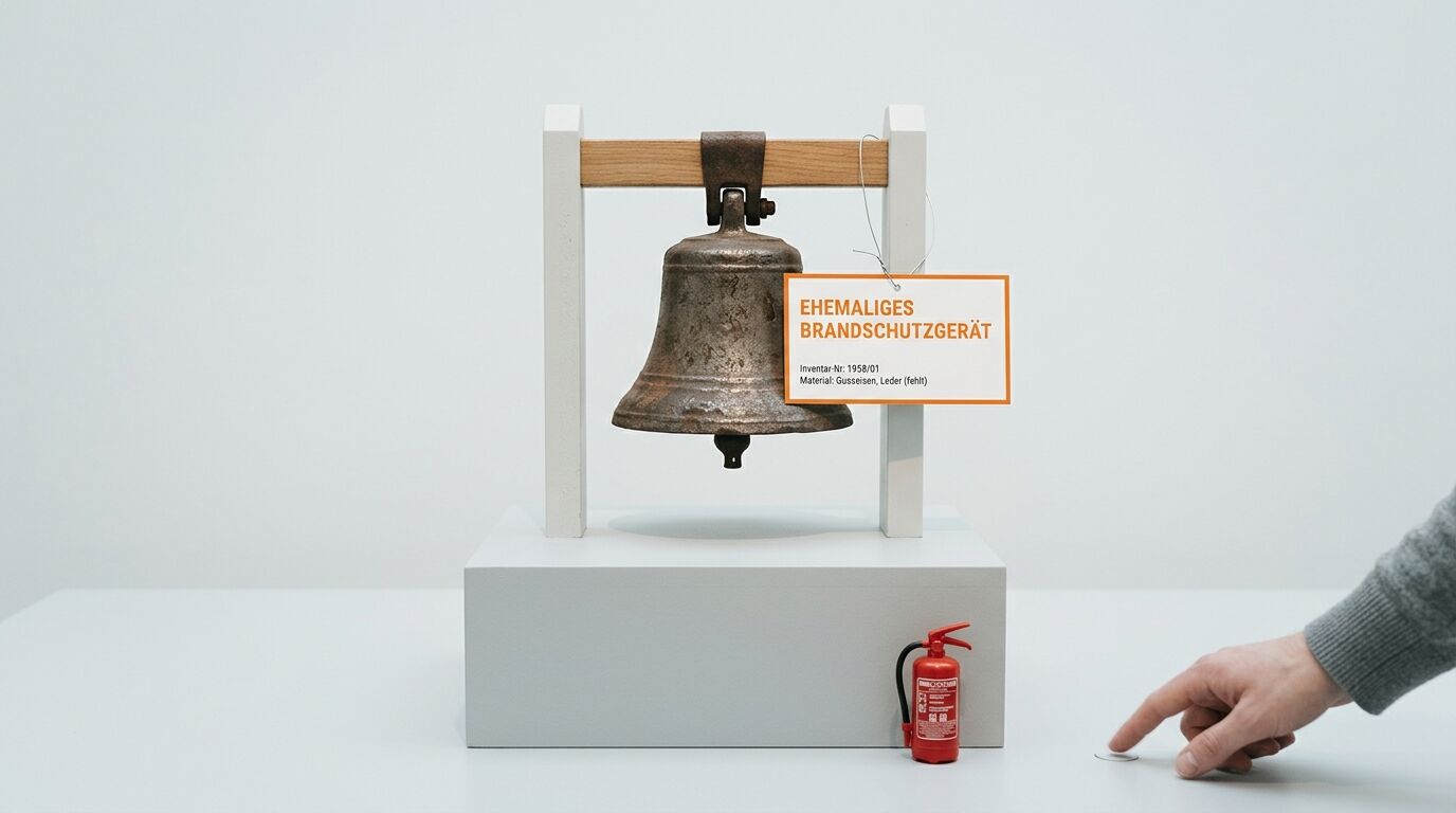 Eine Glocke mit der Beschriftung „Ehemaliges Brandschutzgerät“ auf einem Ständer mit Feuerlöscher