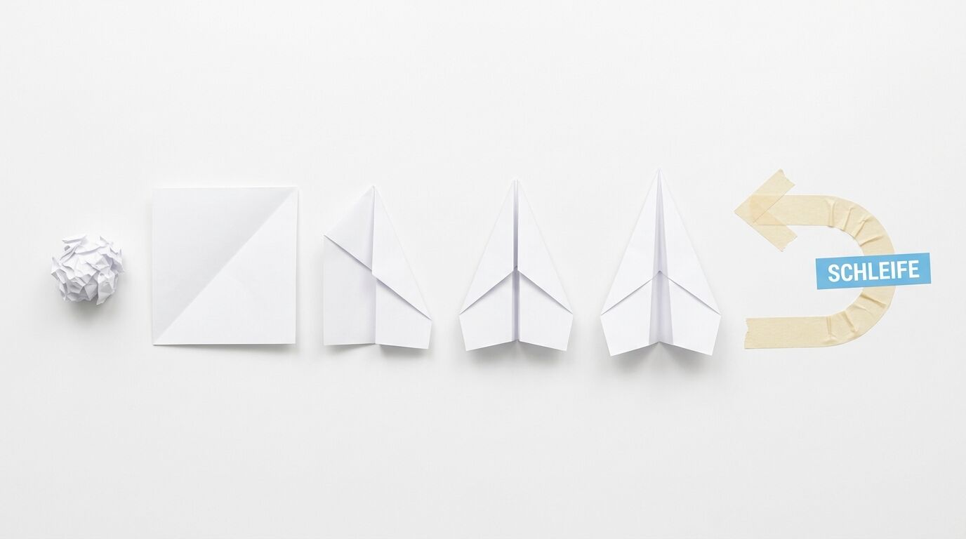 Schritte zum Papierflieger, Kreppband-Schleife mit Text „SCHLEIFE“ und Papierknäuel auf Weiß