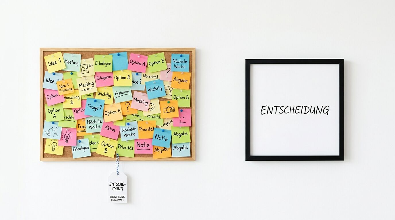 Wand mit Pinnwand voller bunter Notizzettel und daneben ein Rahmen mit dem Wort „ENTSCHEIDUNG“