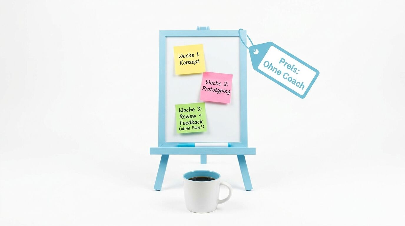 Staffelei mit Whiteboard, Notizen, Anhänger „Preis: Ohne Coach“ und Kaffeetasse auf Weiß
