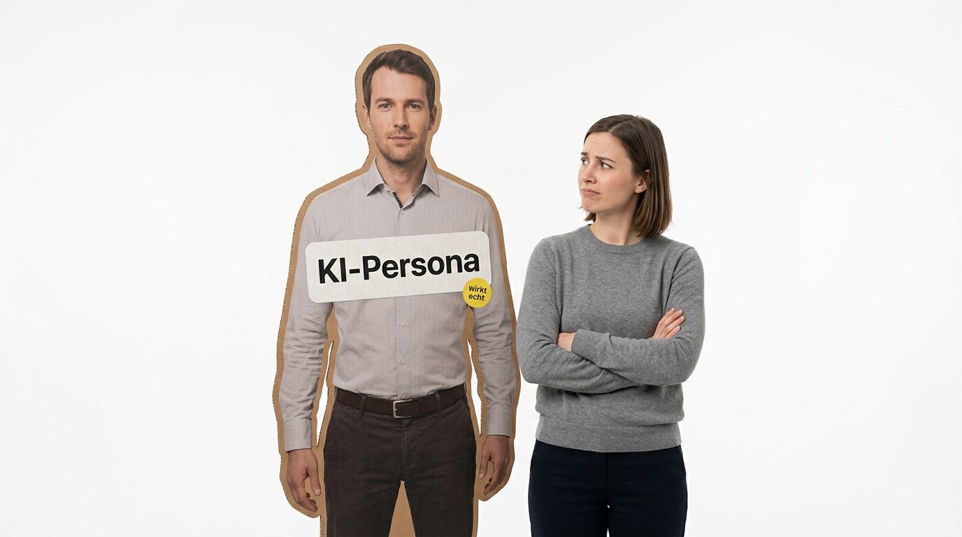 Frau betrachtet einen Pappaufsteller mit Aufschrift „KI-Persona“
