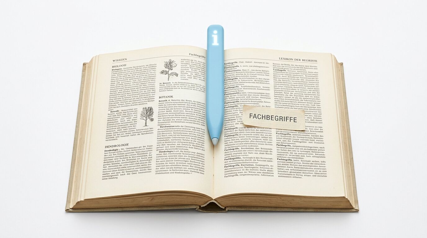 Ein aufgeschlagenes Lexikon mit einem Stift und einem Klebezettel darauf