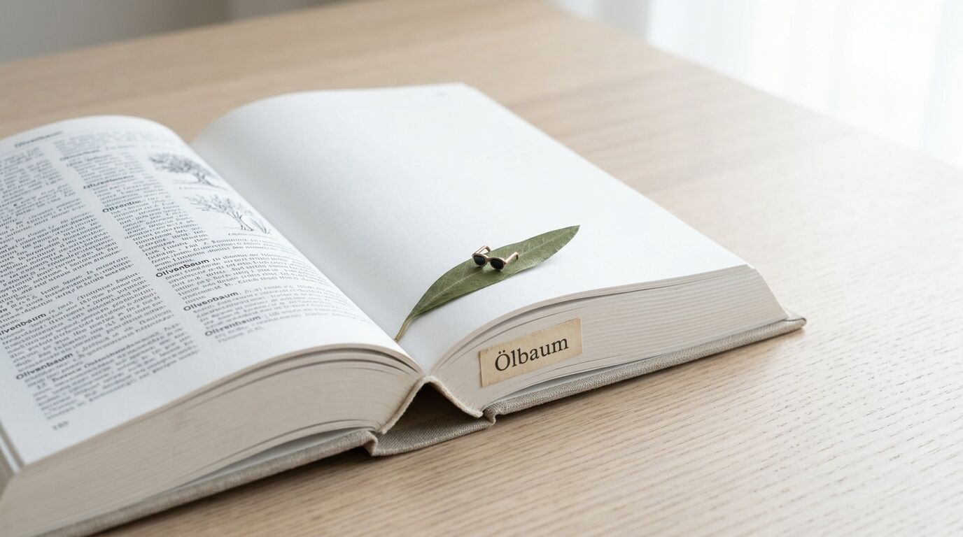 Geöffnetes Buch mit Olive-Zweig und Lesezeichen „Ölbaum“ auf Holztisch