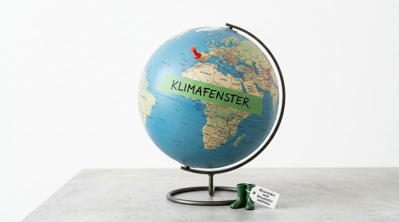 Ein Globus auf einem Metallständer mit einem roten Pin und grünem Klebeband mit der Aufschrift „KLIMAFENSTER“ steht auf einem grauen Tisch vor einem weißen Hintergrund. Am Fuß befinden sich zwei winzige grüne Gummistiefel mit einem angehängten weißen Schild mit dem Text „BEGOSSEN UND BEGOSSEN WERDEN“