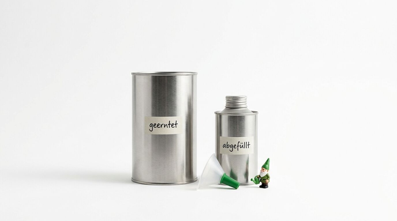 Metalleimer und -flasche mit „geerntet“ und „abgefüllt“, Trichter, Gießkanne, Gartenzwerg