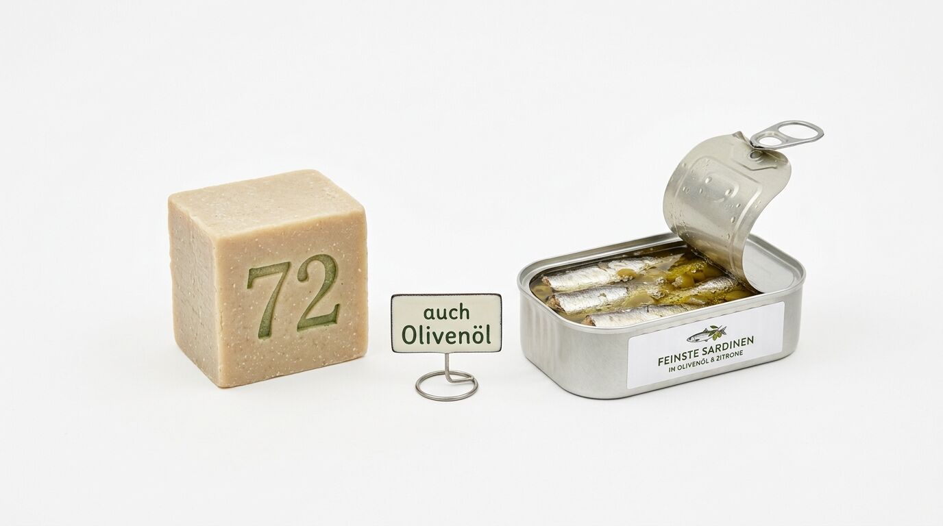 Ein Seifenwürfel, ein Schildchen „auch Olivenöl“ und eine offene Dose Sardinen