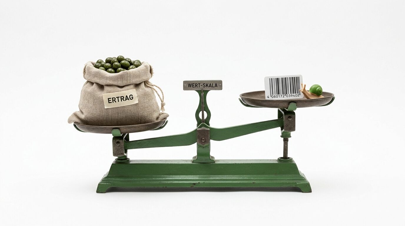 Alte Balkenwaage mit Sack (Ertrag) links und Barcode/Schnecke rechts