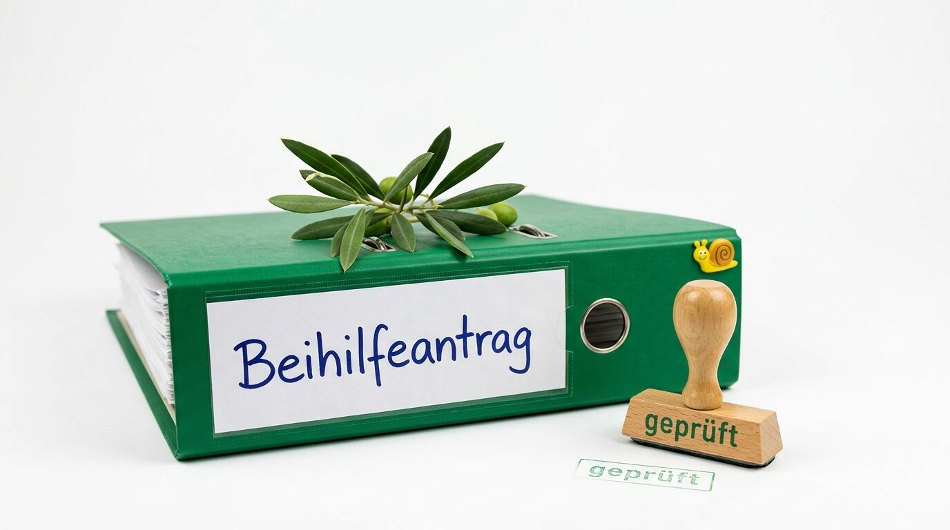 Grüner Ordner, Beihilfeantrag beschriftet, mit Olivenzweig, Schnecke, Stempel