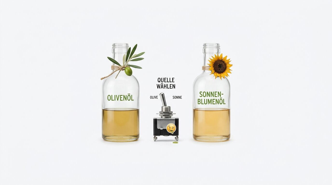 Zwei Flaschen Öl, Olivenzweig, Sonnenblume, Schalter