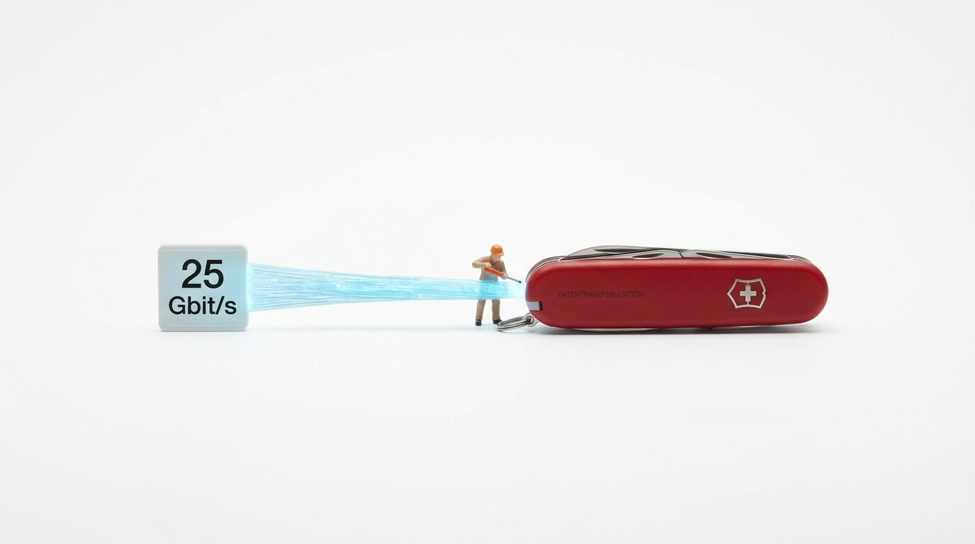 Miniaturfigur, Schweizer Taschenmesser, Lichtleiter, Würfel mit „25 Gbit/s“ vor weißem Hintergrund
