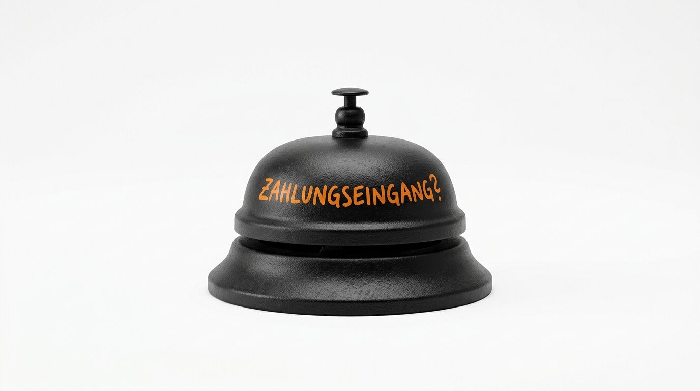 Schwarze Rezeptionsklingel mit orangefarbenem Aufdruck „ZAHLUNGSEINGANG?“ auf weißem Grund