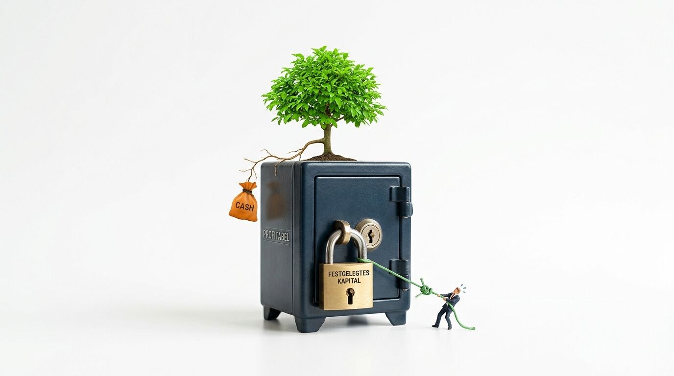 Tresor mit Baum, Cash-Sack und Figur, die an verriegeltem Schloss zieht