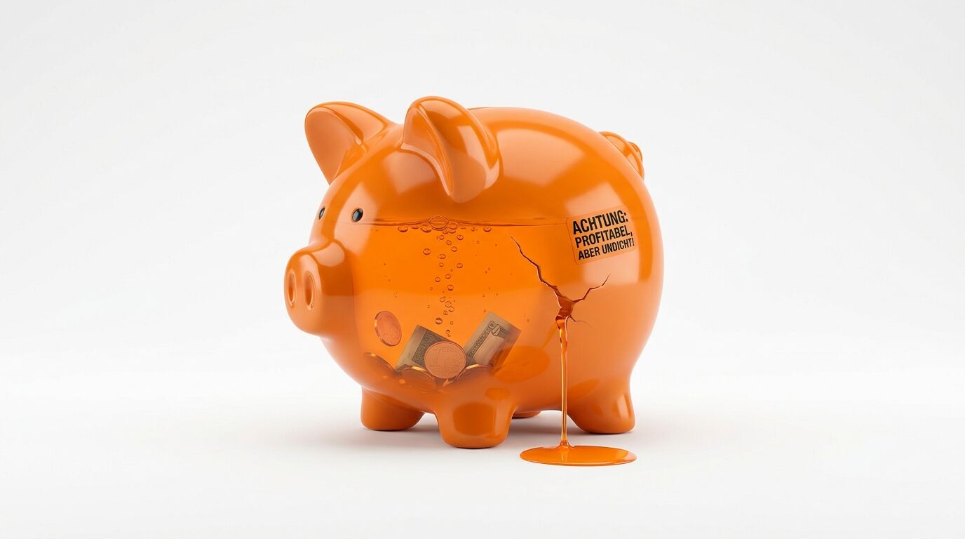 Halbtransparentes oranges Sparschwein mit Münzen und Geldscheinen, rissiger Seite und Textetikett