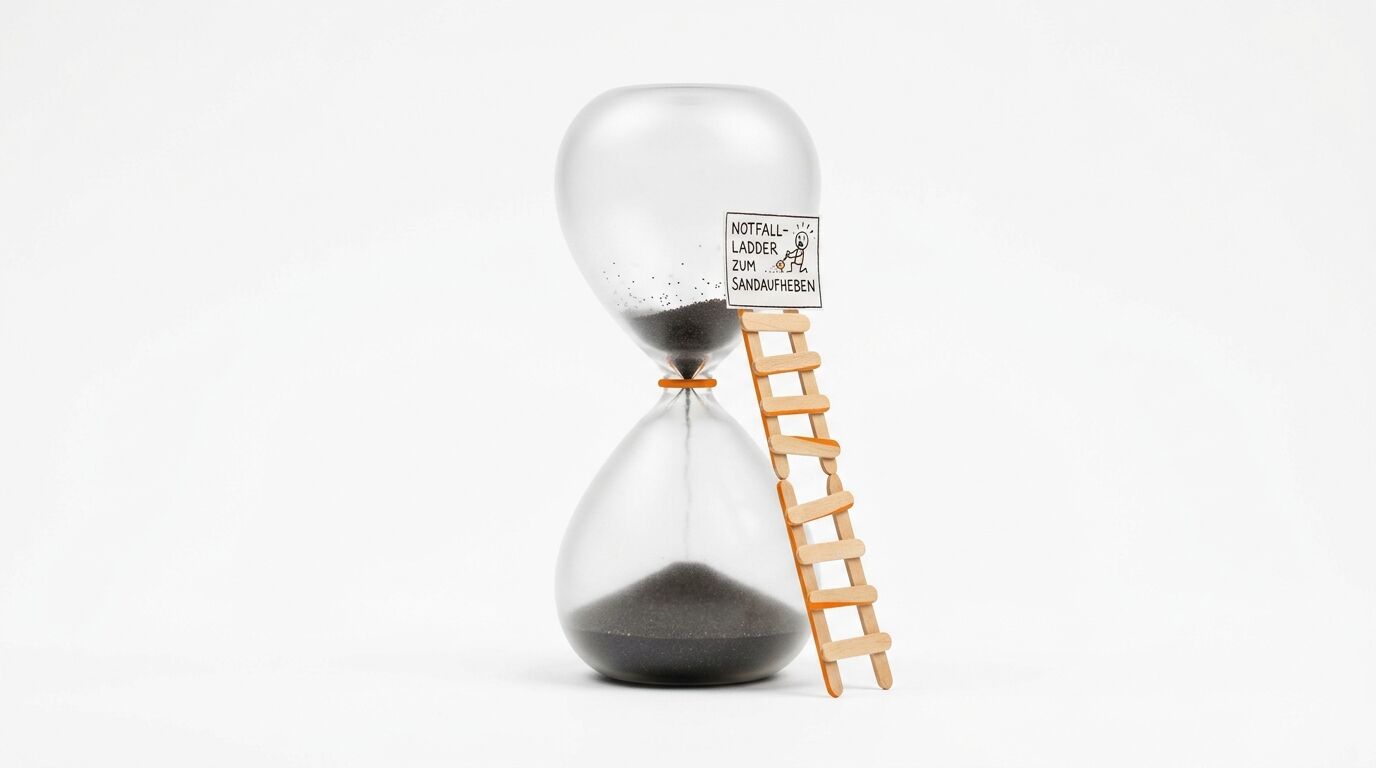 Sanduhr mit Holzleiter und Notiz: „NOTFALL-LADDER ZUM SANDAUFHEBEN“, auf weißem Grund