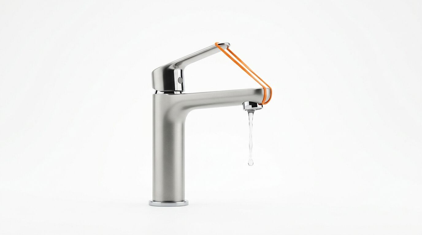 Silberner Wasserhahn mit orangerer Dichtung, aus dem Wasser tropft, auf weißem Grund