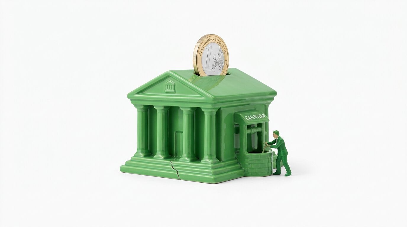 Grüne Spardose in Bankform, Euro-Münze, Riss, Figur pumpt Geld aus Brunnen (Cashflow)