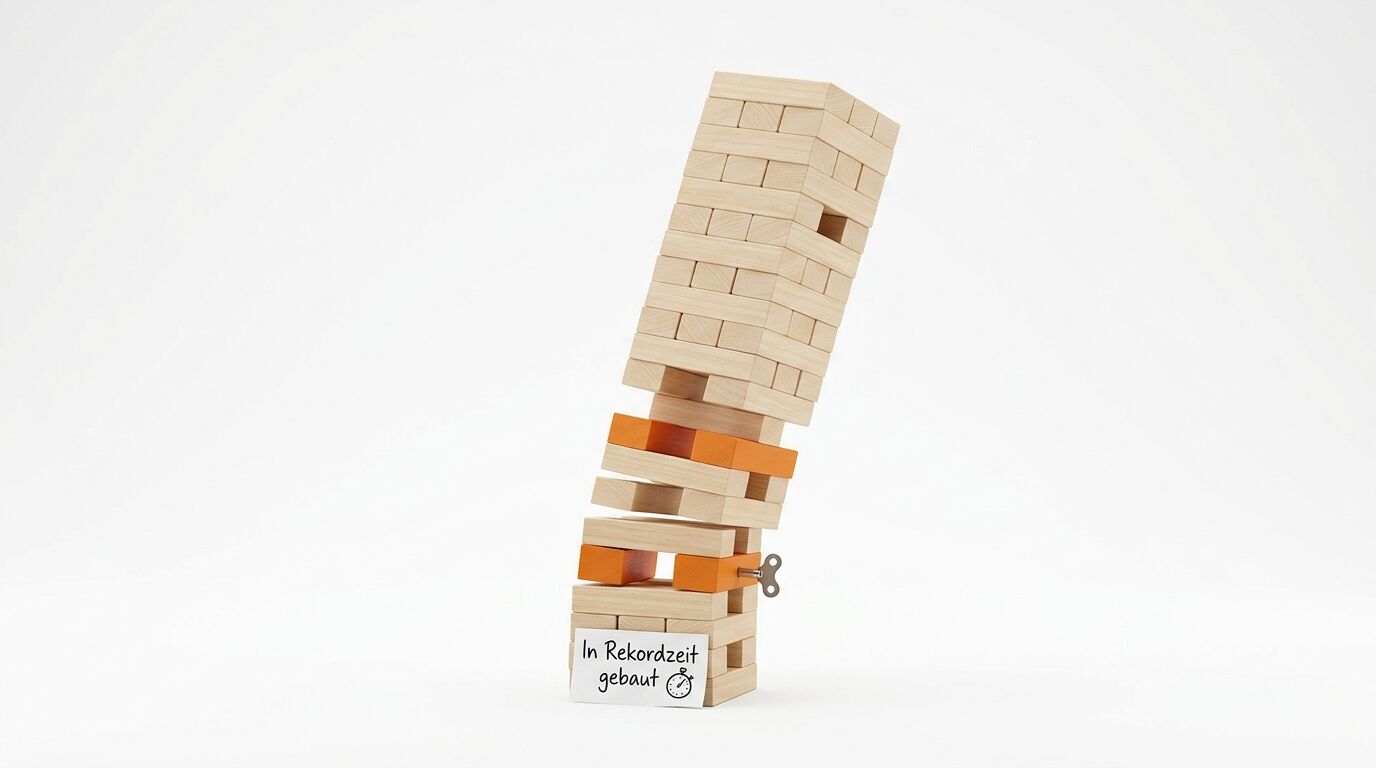 Wackliger Holzklötzchenturm mit orangefarbenen Steinen, einem Aufziehschlüssel und einem Zettel