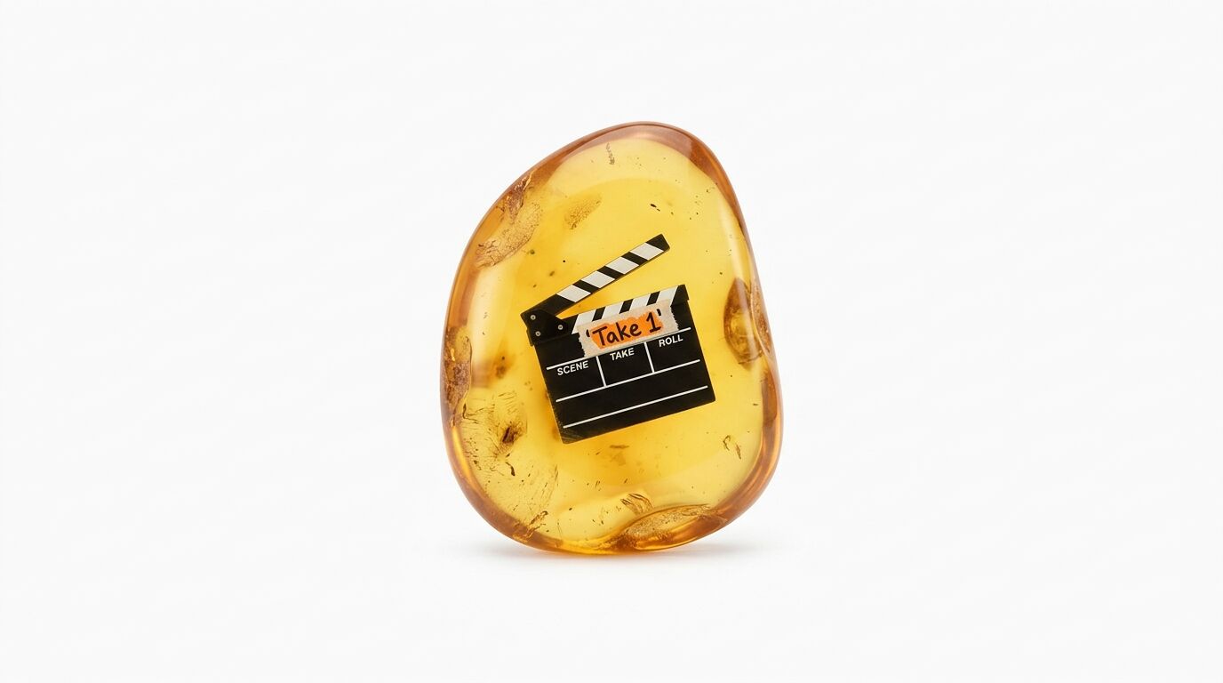 Ein gelber Bernsteinklumpen enthält eine Filmklappe mit der Aufschrift „Take 1“