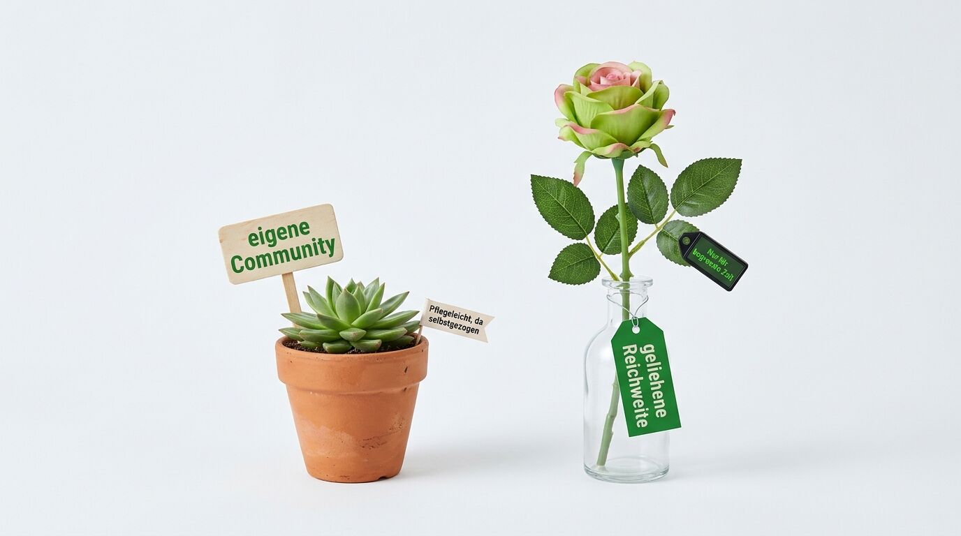 Topfpflanze und Rose in Vase mit beschrifteten Schildern und Anhängern