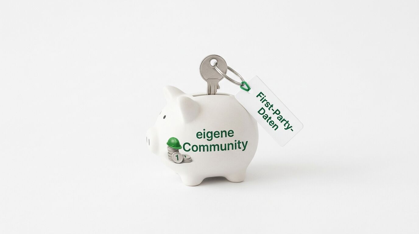 Ein Sparschwein mit der Aufschrift „eigene Community“ und einem Schlüssel im Schlitz