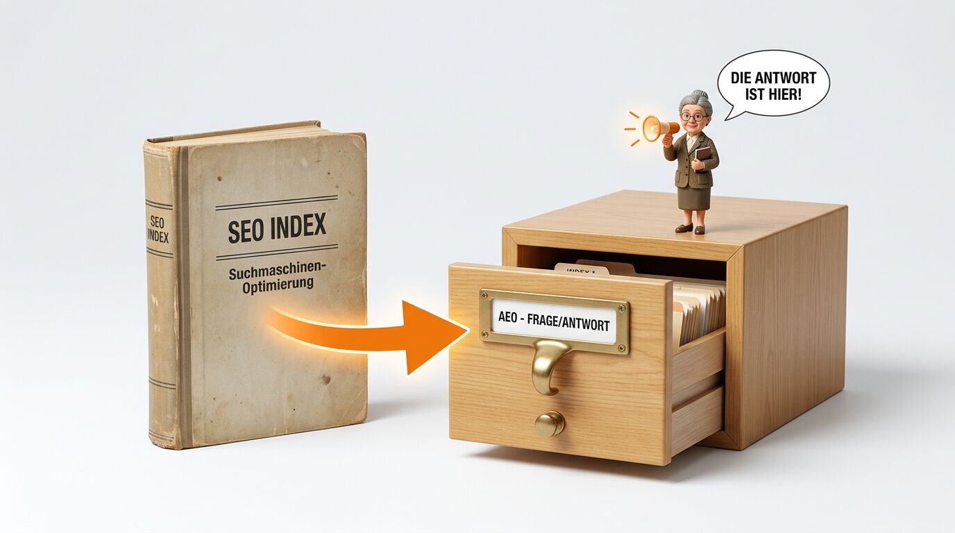 Grafik: Pfeil von altem SEO-Buch auf einen Karteikasten mit AEO-Label und Ansagerin