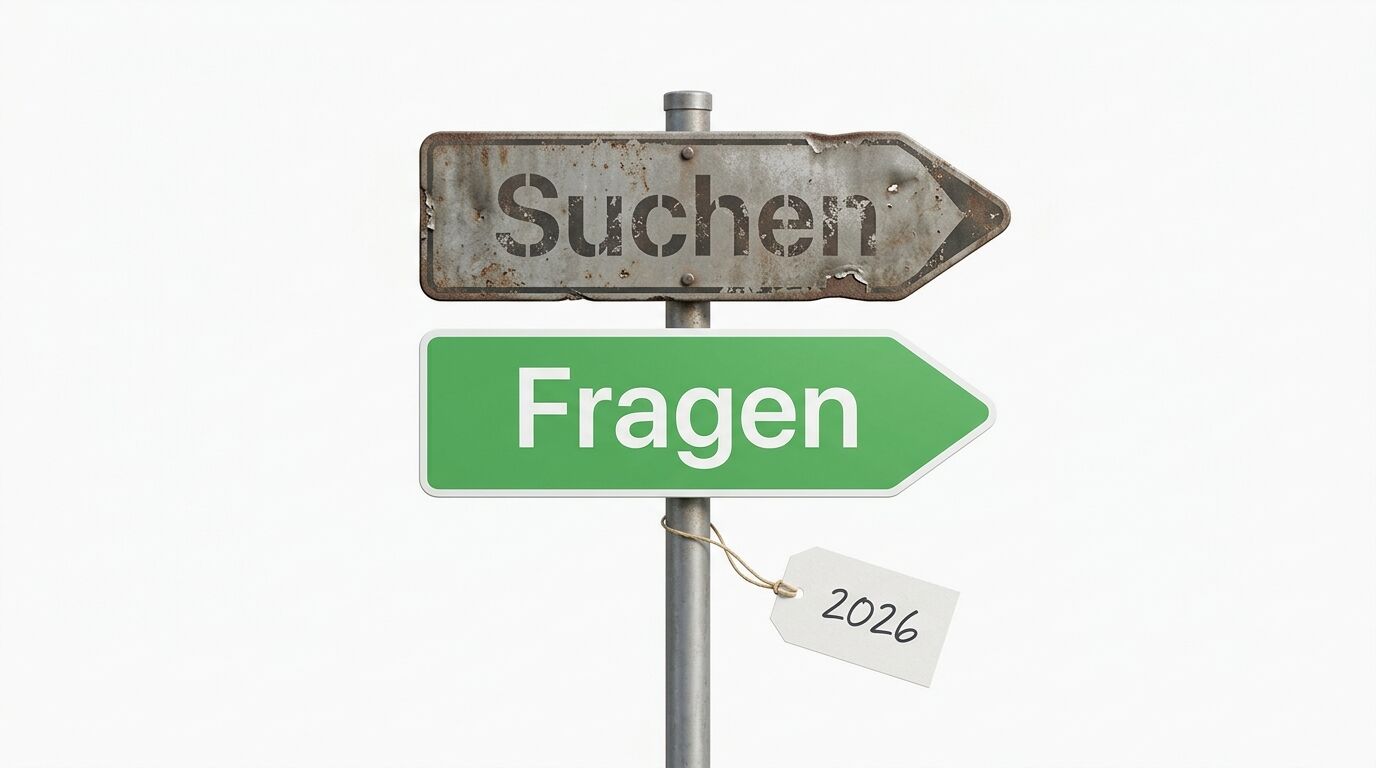 Schilderbaum vor weißem Hintergrund mit den Aufschriften „Suchen“ und „Fragen“, einem Anhänger mit „2026“