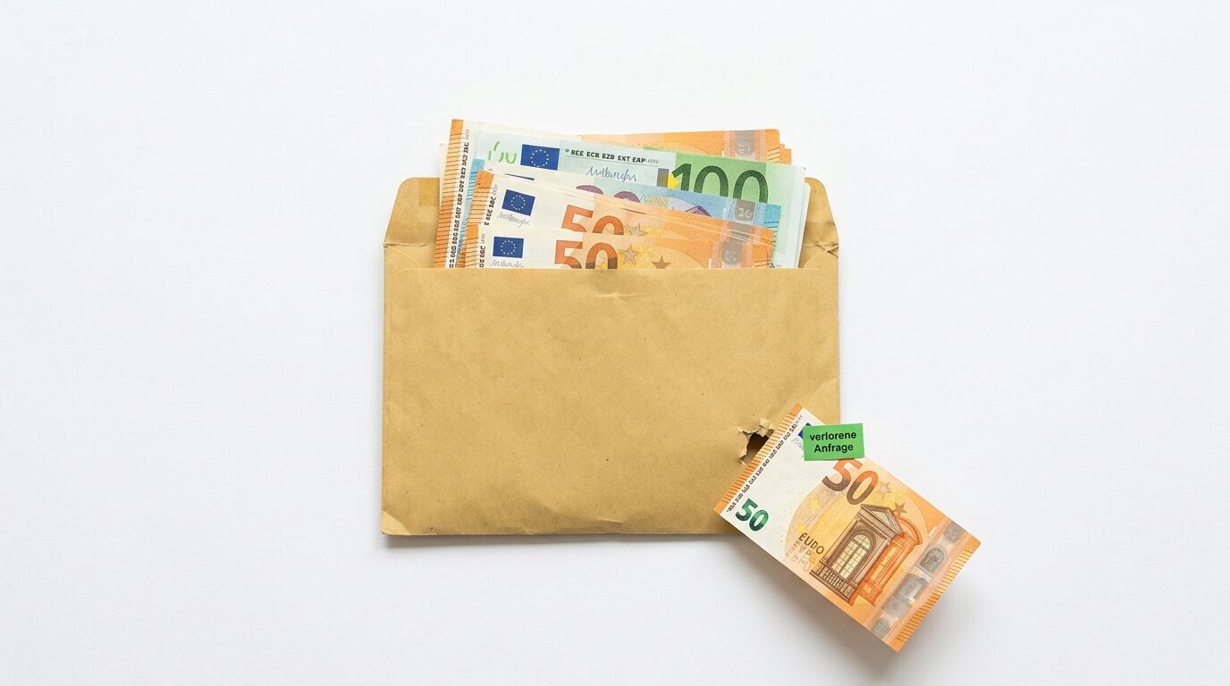 Brauner Umschlag mit Euro-Scheinen, ein 50er ragt durch ein Loch, Text „verlorene Anfrage“