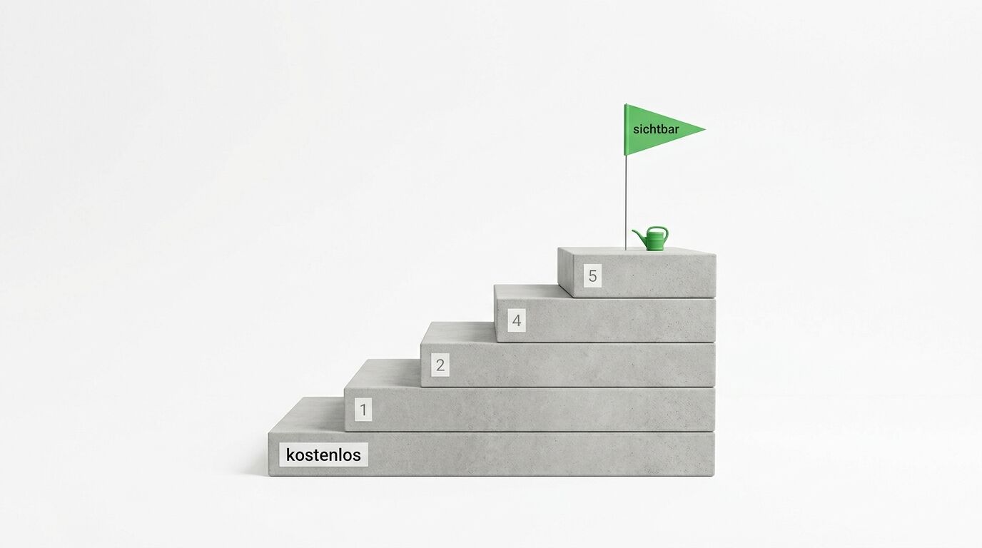Treppe aus Betonblöcken, nummeriert 1-5, beschriftet mit „kostenlos“ und „sichtbar“