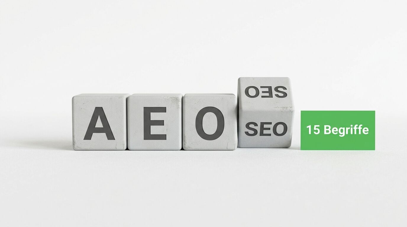 Betonwürfel mit den Buchstaben A-E-O und S-E-O neben einem grünen Feld mit