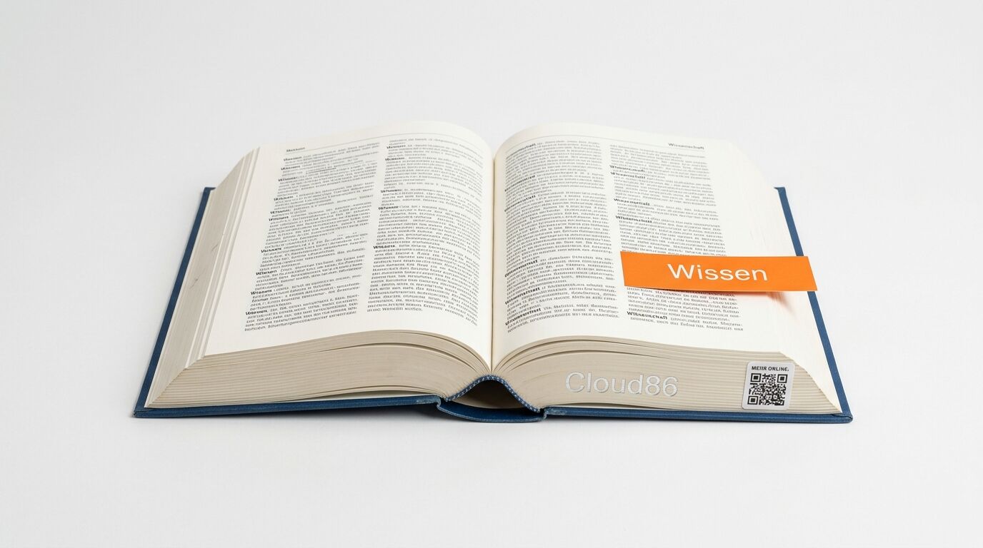Ein offenes blaues Buch mit der Aufschrift „Cloud86“, einem QR-Code und einem orangen Klebezettel mit dem Wort „Wissen“