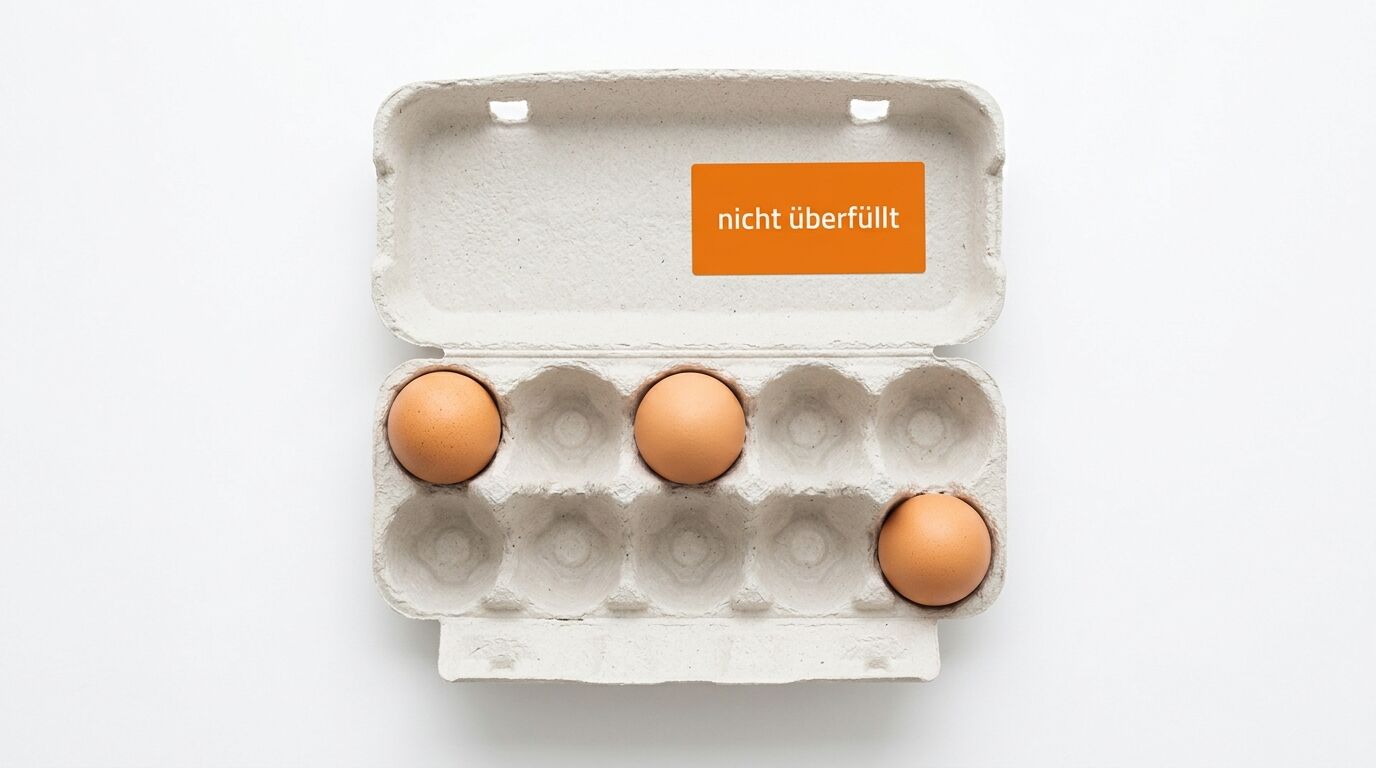 Geöffneter Eierkarton mit drei Eiern und orangefarbenem Aufkleber „nicht überfüllt“