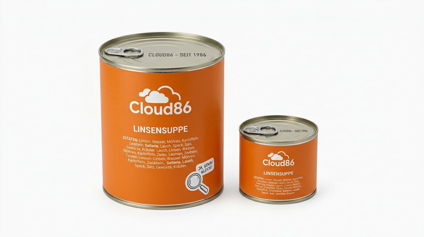 Zwei orange Dosen Cloud86 Linsensuppe vor weißem Hintergrund