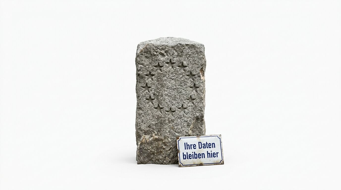 Ein Granitstein mit Sternen und ein Schild mit der Aufschrift „Ihre Daten bleiben hier“