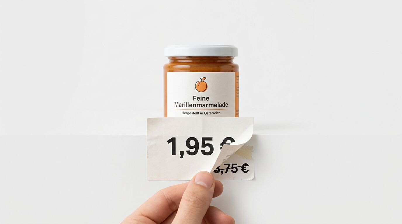 Hand, die Preisschild auf Marmeladenglas ablöst. Alter Preis 3,75€ wird zu 1,95€