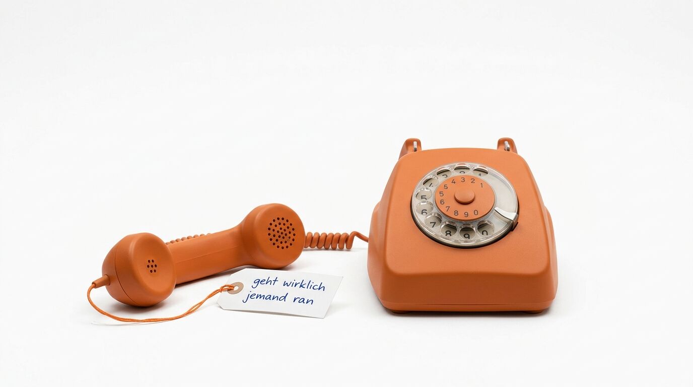 Oranges Wählscheibentelefon und abgenommener Hörer mit Etikett vor weißem Hintergrund