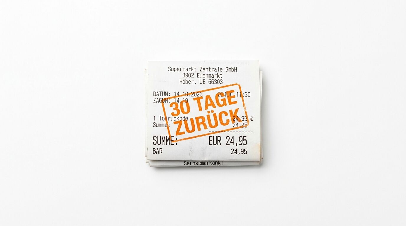 Kassenbon mit orangefarbenem Stempel „30 TAGE ZURÜCK“ auf weißem Grund