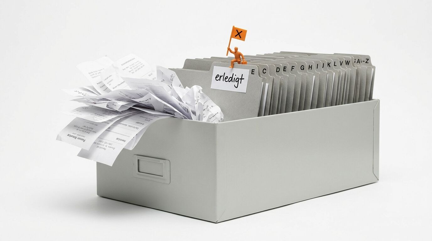 Hängekartei mit Papierstapel, Spielfigur, orangefarbener Fahne und Beschriftung